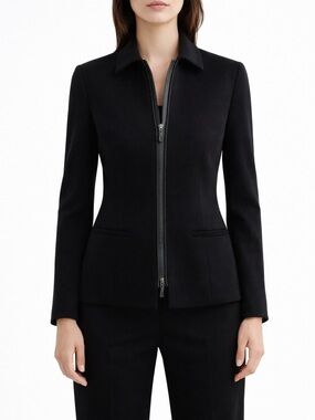 Agnona Black Tailored Wool Jacket with Leather Trim – Made in Italy